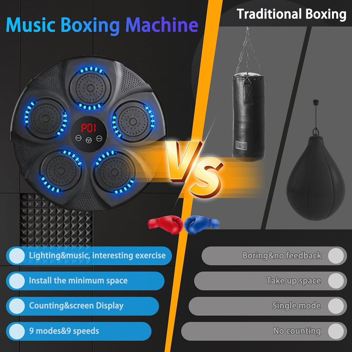 Music Boxing Machine with Boxing Gloves, Smart Bluetooth Boxing Equipment, Intelligent Boxing Machine, Target Training Punching Boxing Machine for Home, Indoor, Gym, Training